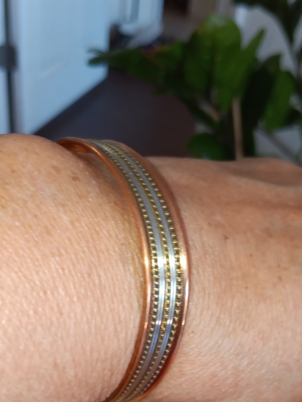 Copper Key Copper-tone Decorative Cuff Bracelet with Silver Accents